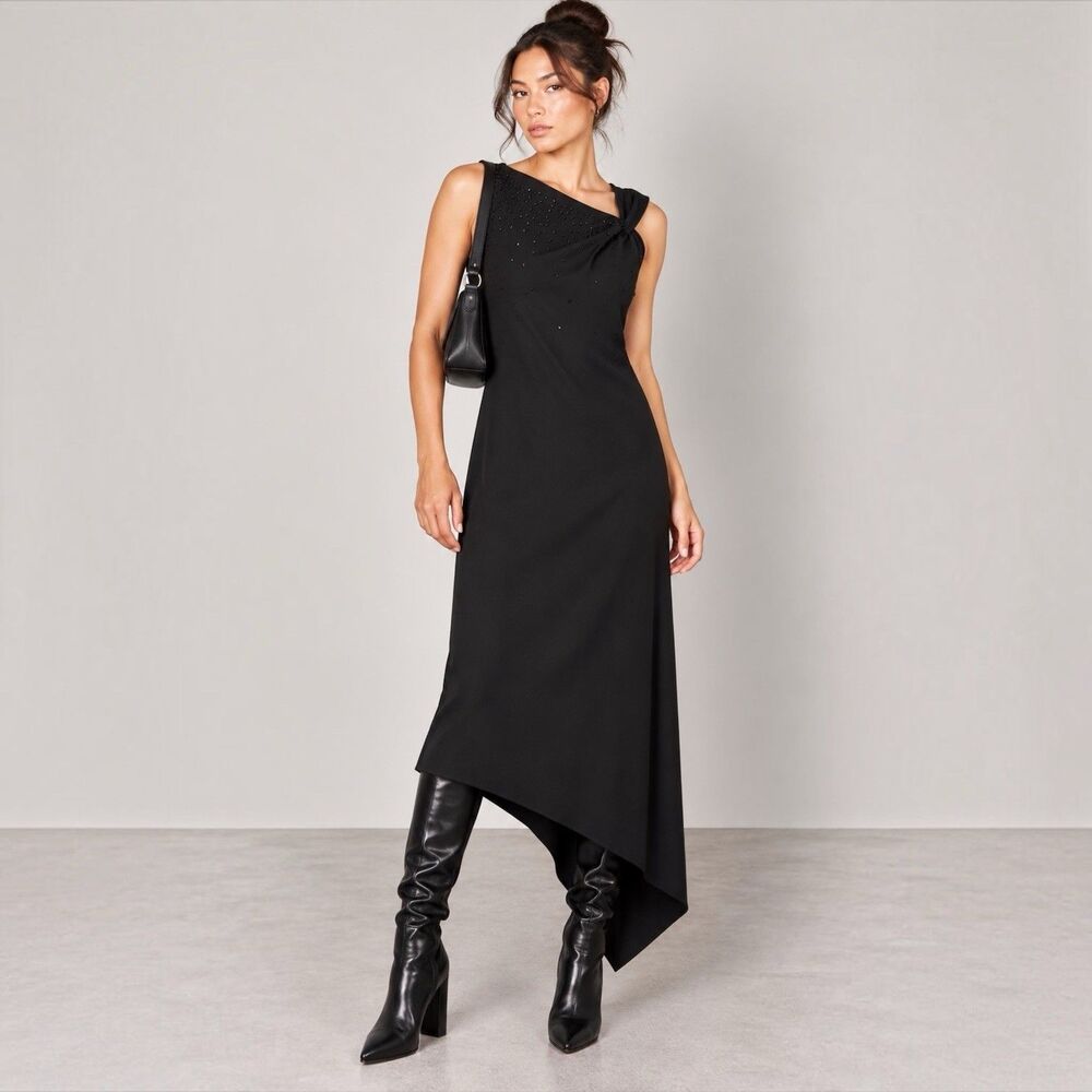 Y2K Black Beaded Maxi Dress M Asymmetrical Hem Cocktail Party Whimsigoth Vintage